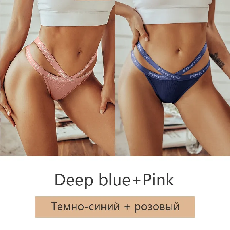 FINETOO 2Pcs/set Sexy Thongs Women Cotton G-string Panties Letter Bikini Underwear Girls Cross Belt Low-rise Underpants Lingerie