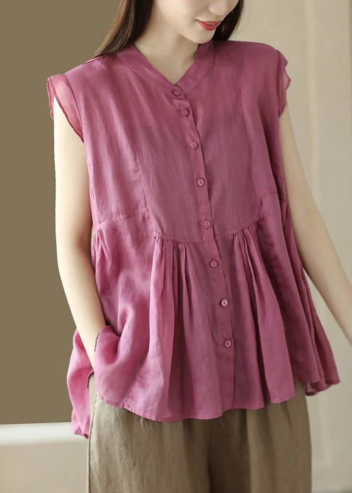 Fine Orange Stand Collar Patchwork Wrinkled Button Ramie Shirts Summer
