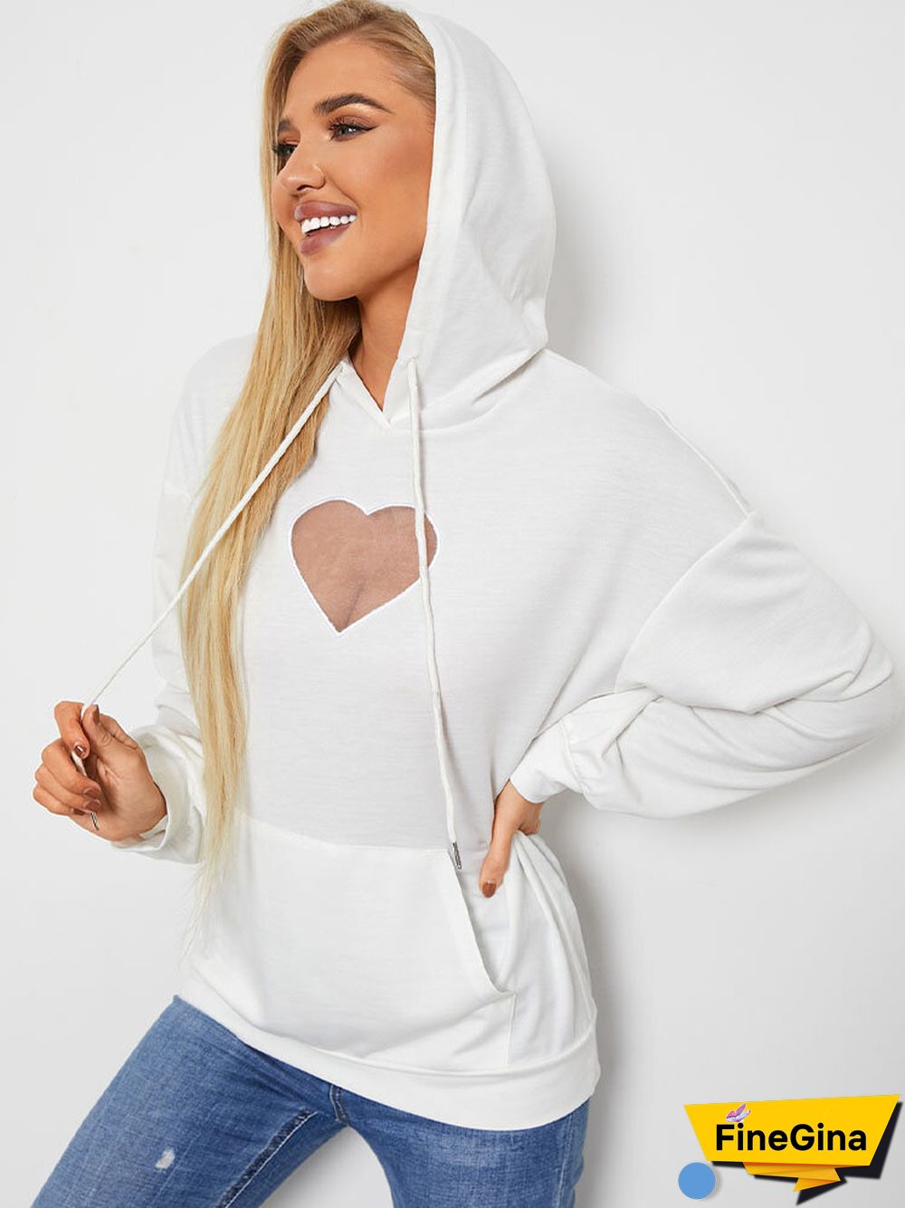 Heart Mesh Kangaroo Pocket Drawstring Loose Hoodie