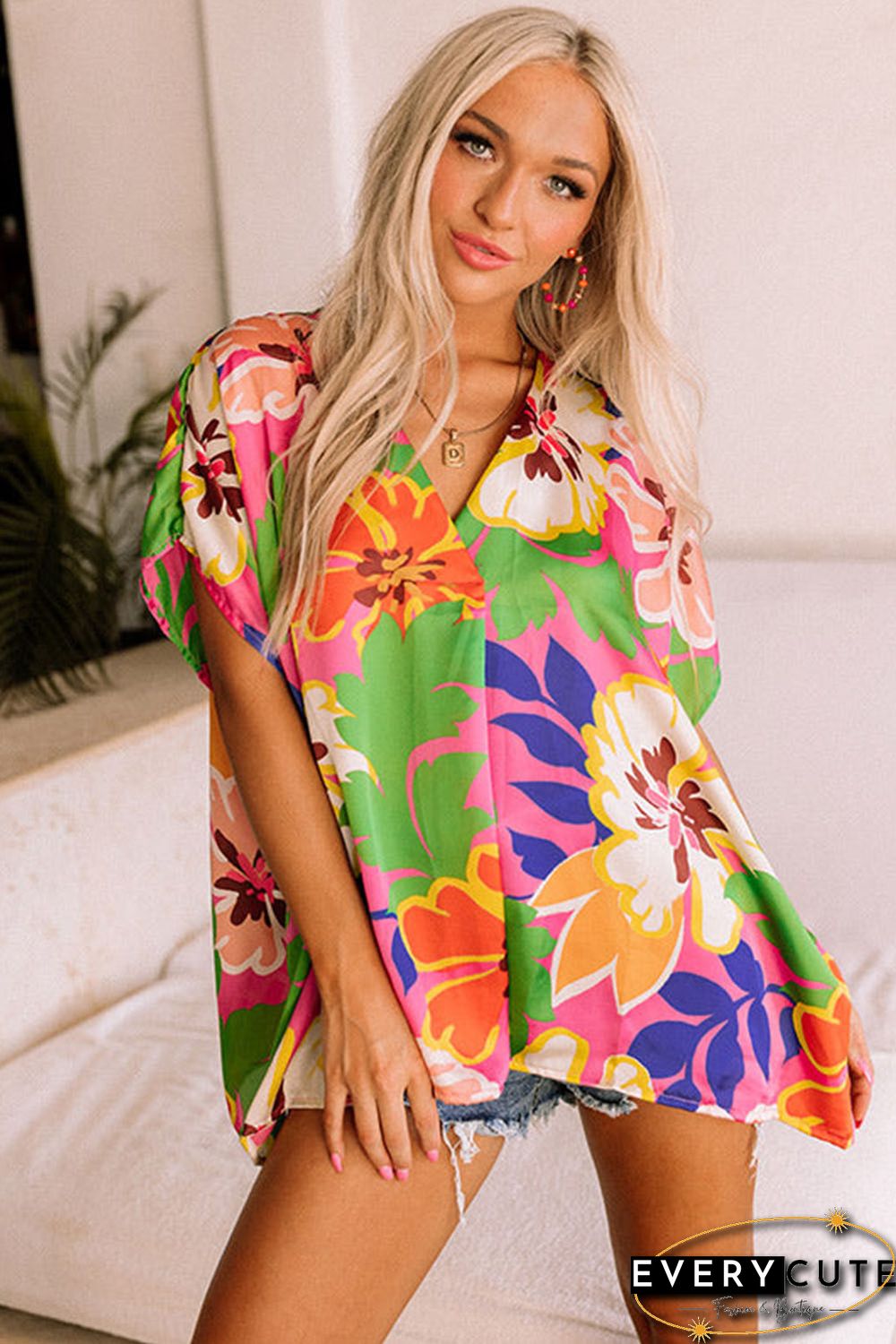 Pink Floral Print Loose Fit V Neck Tunic Blouse