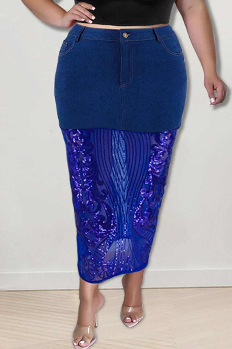 Deep Blue Sexy Solid Embroidered Sequins Patchwork High Waist Denim Skirts | EGEMISS