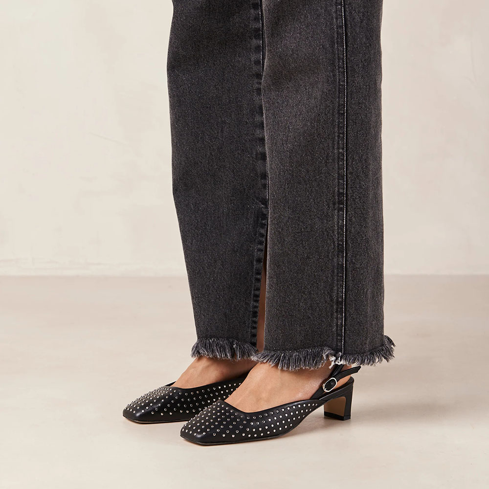 Black Vegan Leather Square Toe Chunky Heel Studded Slingback Pumps Nicepairs