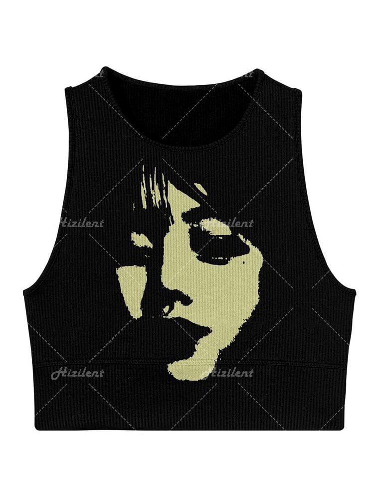 Crop Top Knitted Graphics Printed Kawaii Grunge Tank Tops Sleeveless Sweats Cute Mini Vest Fairycore Women Vintage Y2K Emo Tops