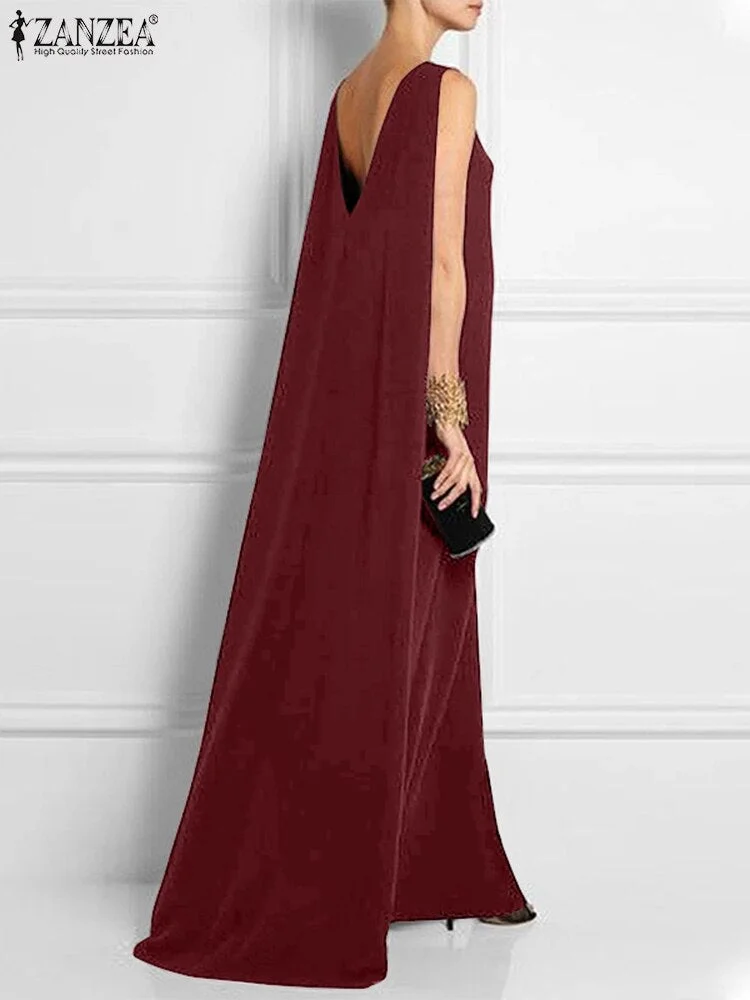 ZANZEA Elegant Summer Sleeveless Backless Party Sundress Fashion Women Solid Maxi Long Dress Robe Casual Loose Vestidos Sarafans