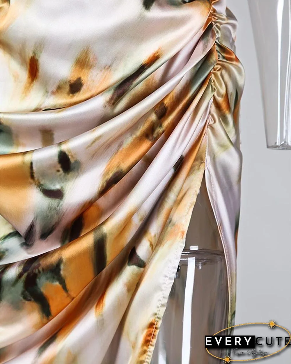 Abstract Print Spaghetti Strap High Slit Ruched Dress P10026