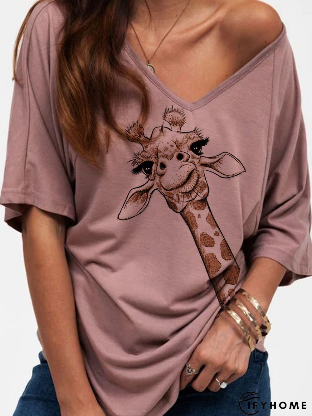 Vintage Casual Plus Size V Neck Short Sleeve Printed Tee Shirts Tops | IFYHOME