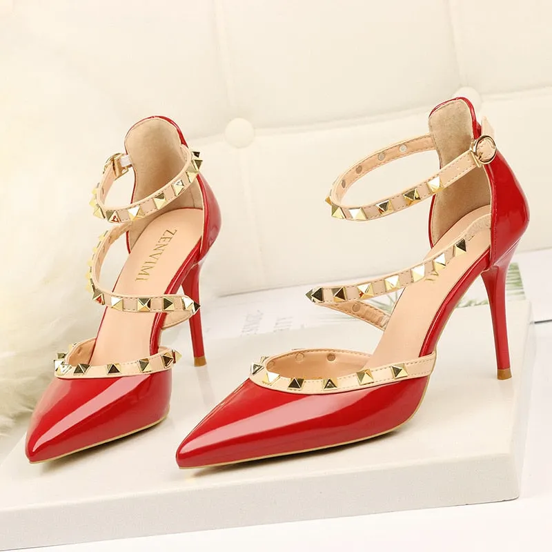 Sexy Pointed Toe Rivet High Heels Women Pumps Thin Heels Ladies Shoes Fashion 2019 Spring Summer Platform White Dress Shoes New