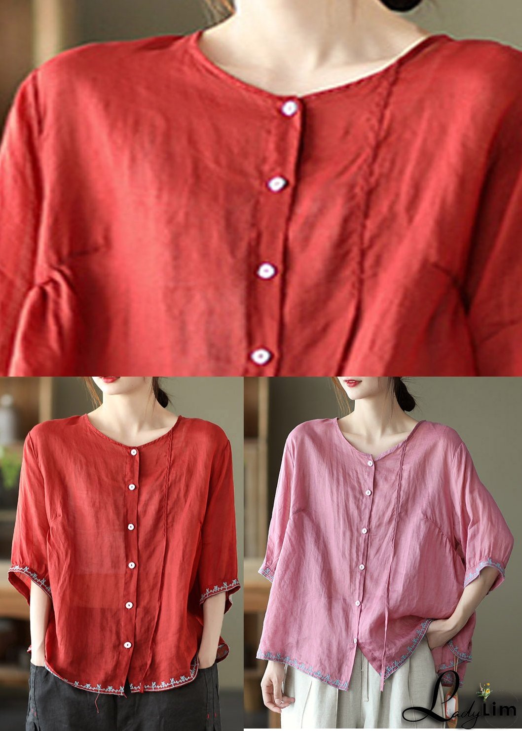 Casual Pink O-Neck Embroideried Linen Tops Three Quarter sleeve