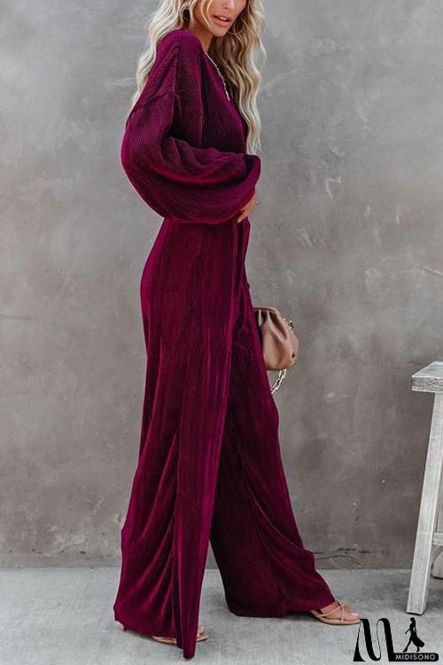 MidiSono - Pleated Crop Blouse Wide Leg Pants Set