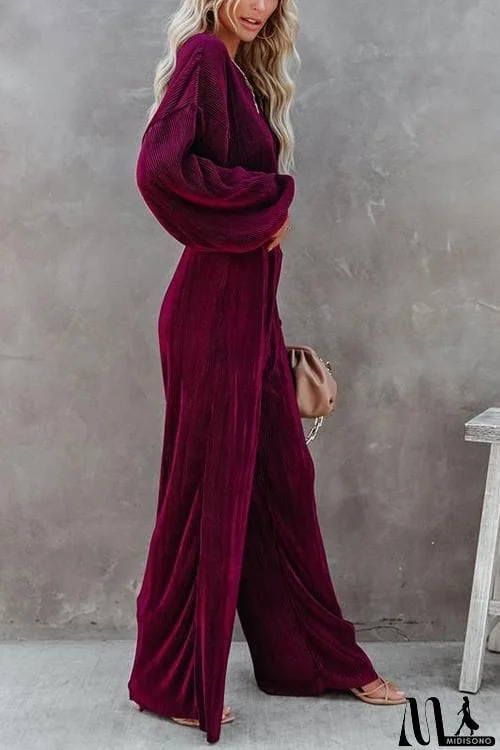 MidiSono - Pleated Crop Blouse Wide Leg Pants Set