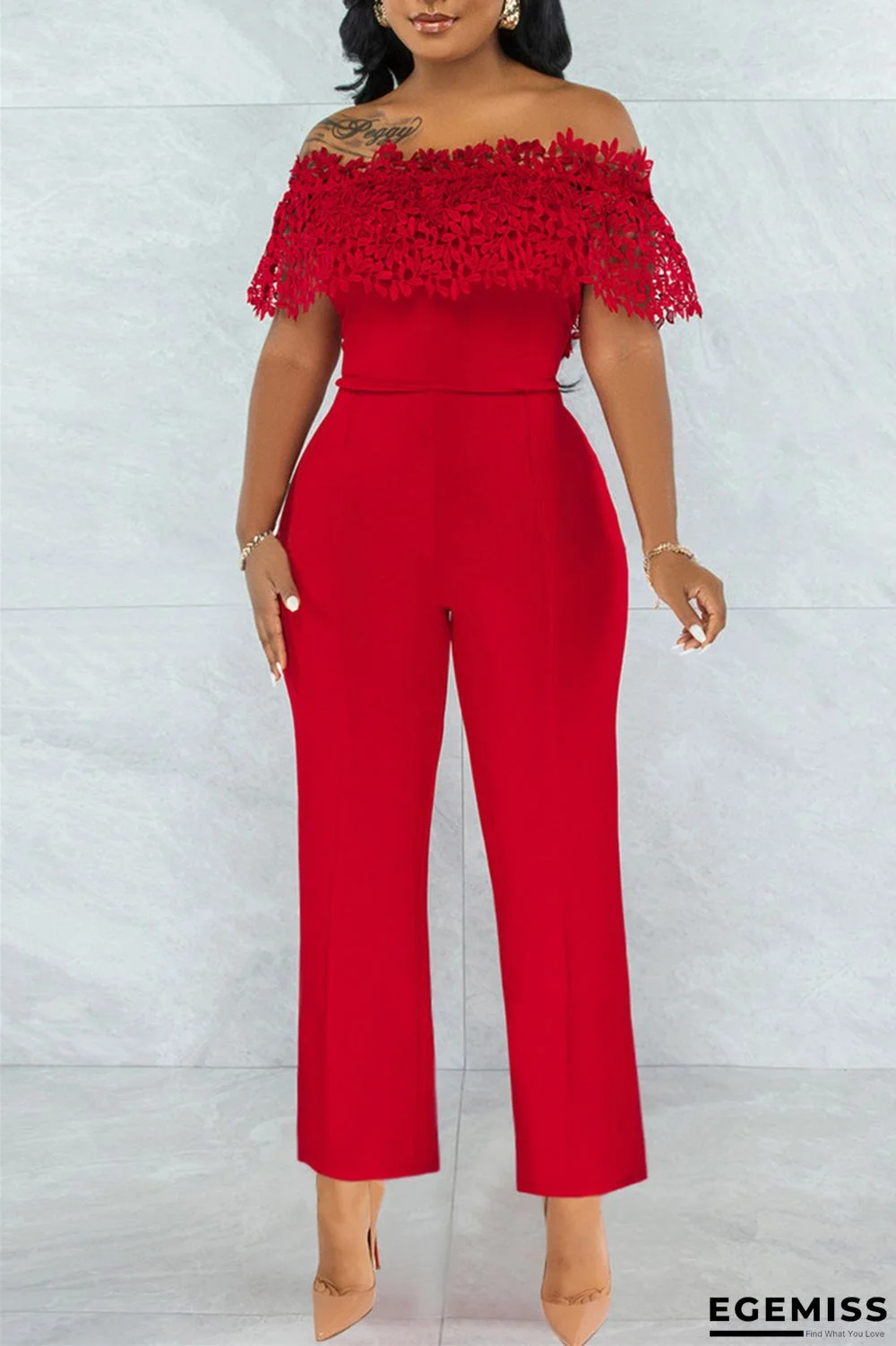 Red Fashion Casual Solid Lace Patchwork Off the Shoulder Regular Jumpsuits | EGEMISS