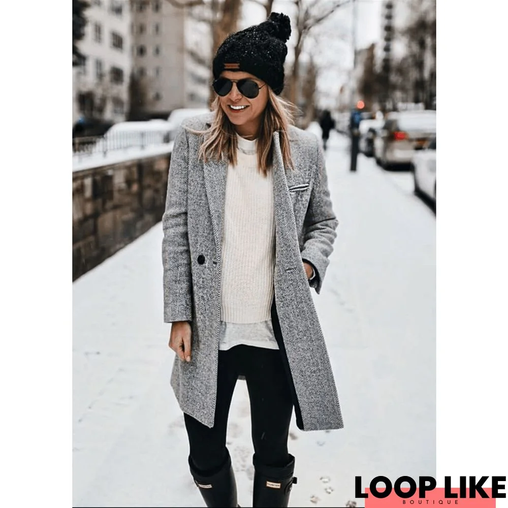 Fashion Lapel Mid-Length Solid Color Woolen Coat