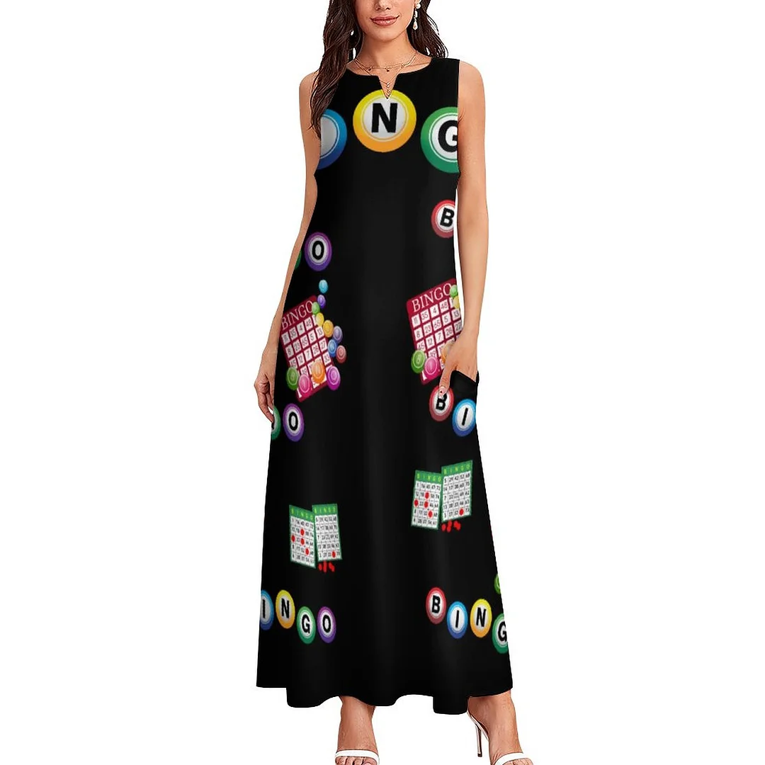 Bingo Womens Plus Size Long Boho Dresses Loose V Neck Sleeveless Maxi Dress with Pockets