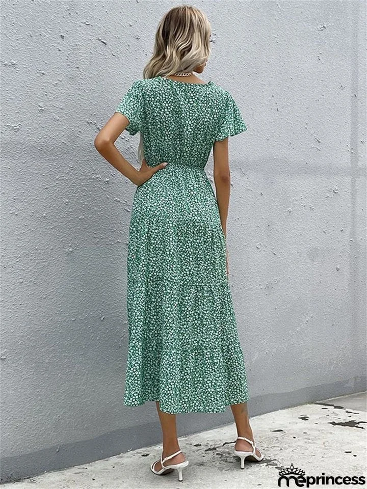 Stylish Elegant Slim Green Printed V Neck Short Sleeve Dresses