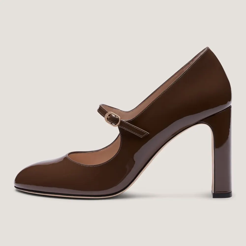 Brown Patent Leather Buckle Strap Round Toe Block Heeled Mary Janes