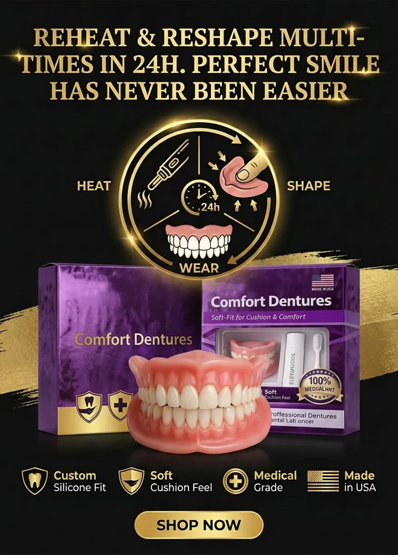 🔥Confident Smile Complete Denture Set. ✅ Medical Grade: BPA-free, made with high-molecular-weight memory material. ⏱️ In just seconds, you can wear them and enjoy healthy, beautiful teeth, savoring every bite.