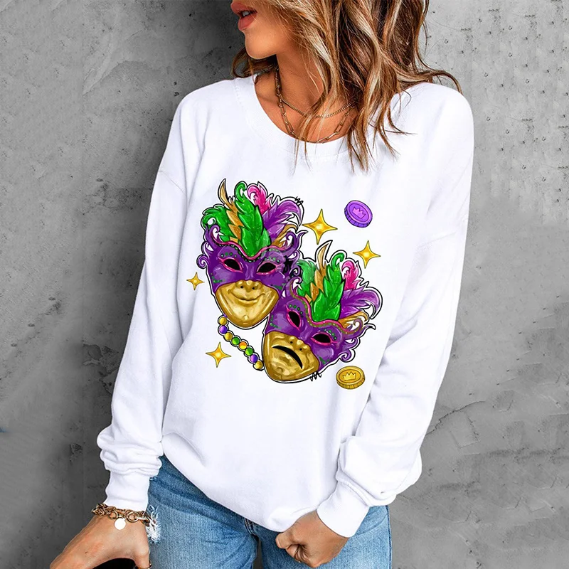 Mardi Gras Mask Print Long Sleeve Sweatshirt