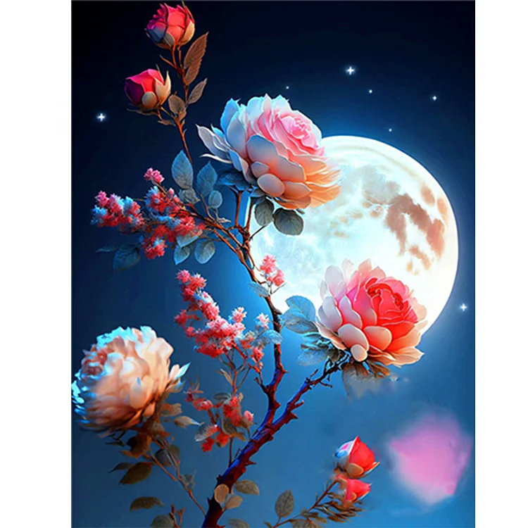 Cheap 5D DIY Diamond Painting Pink Roses and Moon Flowers Cross