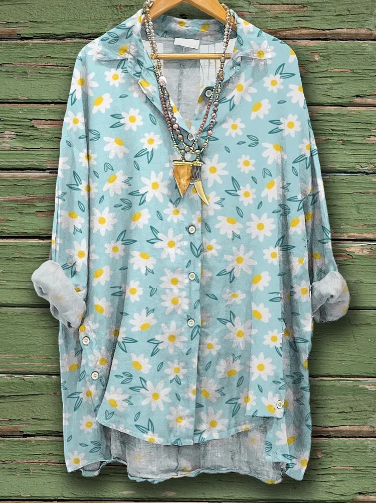 Women's Flower Print Casual Cotton And Linen Shirt