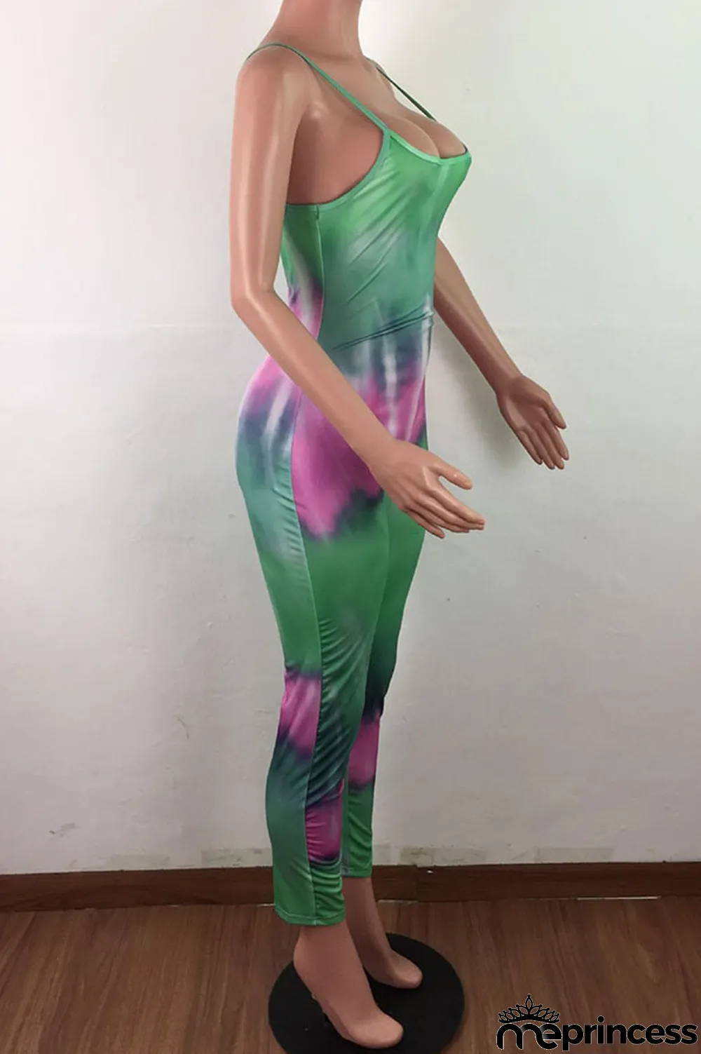 Blue Fashion Sexy Tie-dyed Sleeveless Slip Jumpsuits