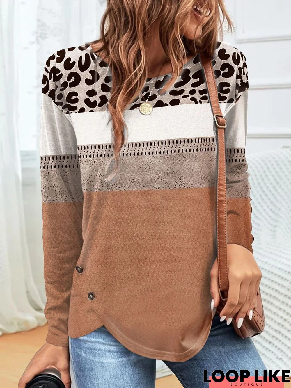 Leopard Color-block Casual Crew Neck T-Shirt