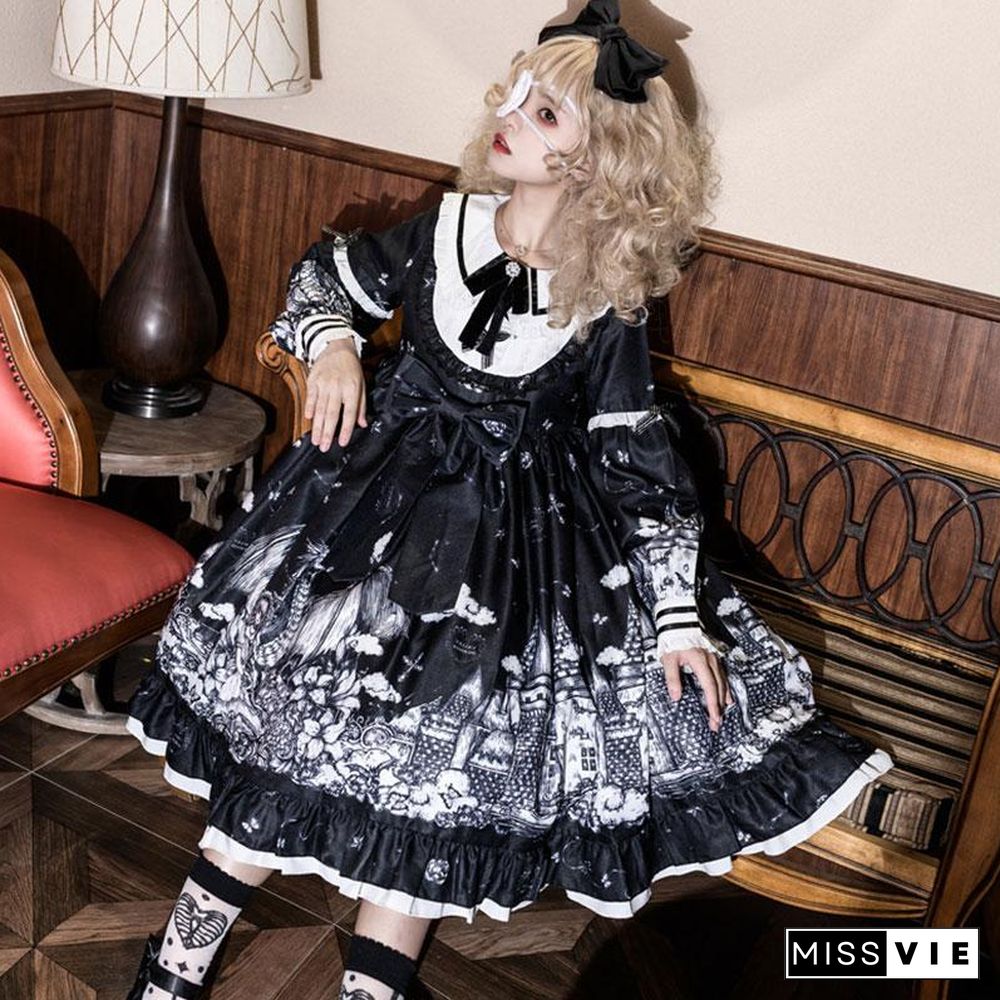 Gothic Print Bow Ruffle Doll Collar Lolita Dress