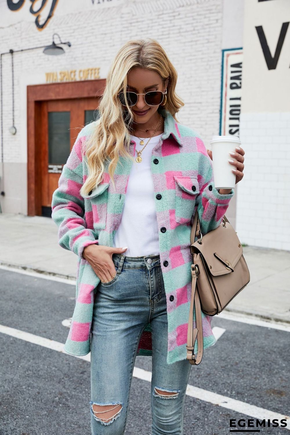 Autumn Winter Suede Coat Single Breasted Lapel Long Sleeve Plaid Cardigan Shirt | EGEMISS