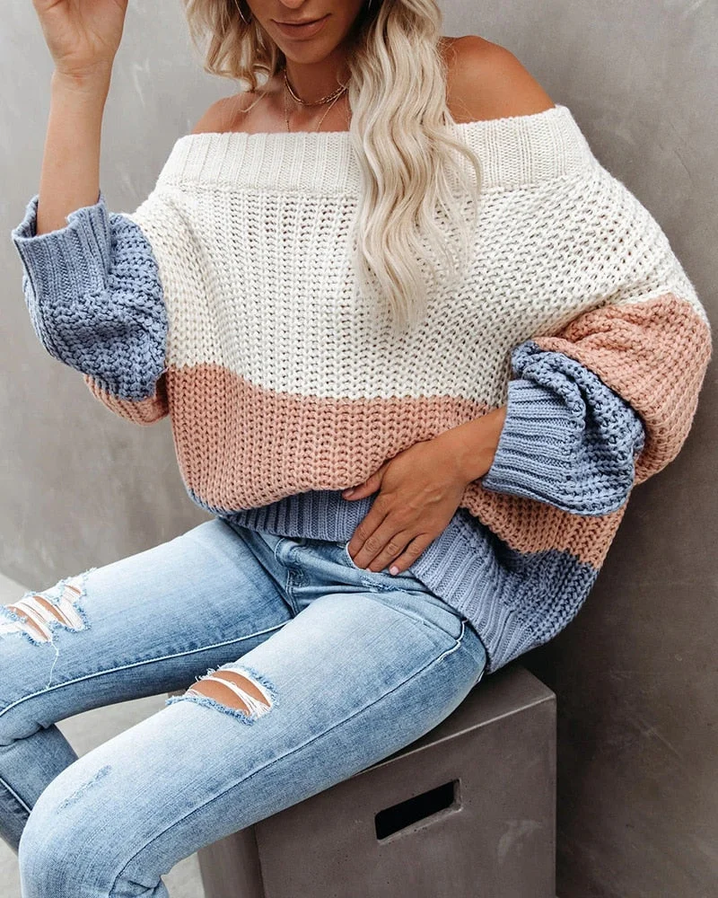 Fitshinling Off Shoulder Women's Oversize Sweater Patchwork Bohemian Pullover Knitted Jumper Holiday Slim Sweaters Women Clothes