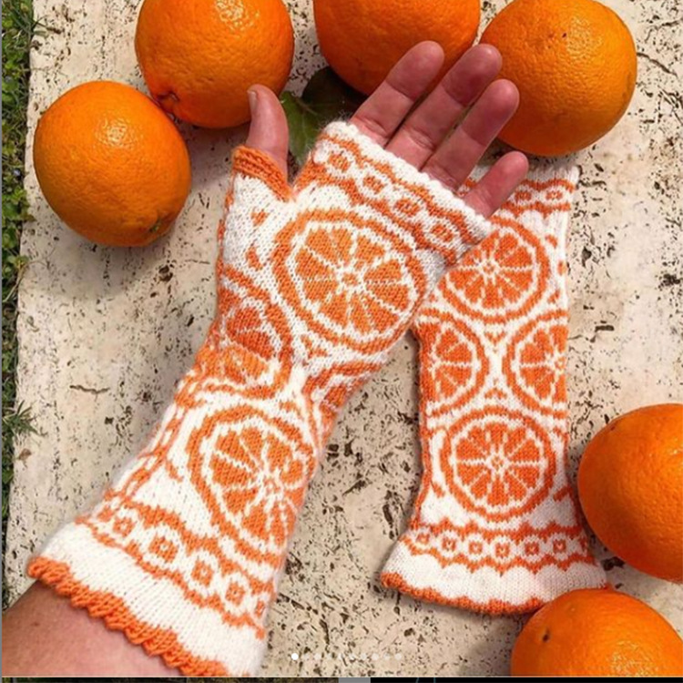 Knitted Embroidered Orange Gloves Women's Long Style Keep Warm