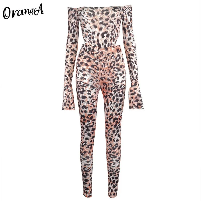 OrangeA women off shoulder leopard print matching set long sleeve bodysuits+leggings stretchy two piece outfits fashion clubwear