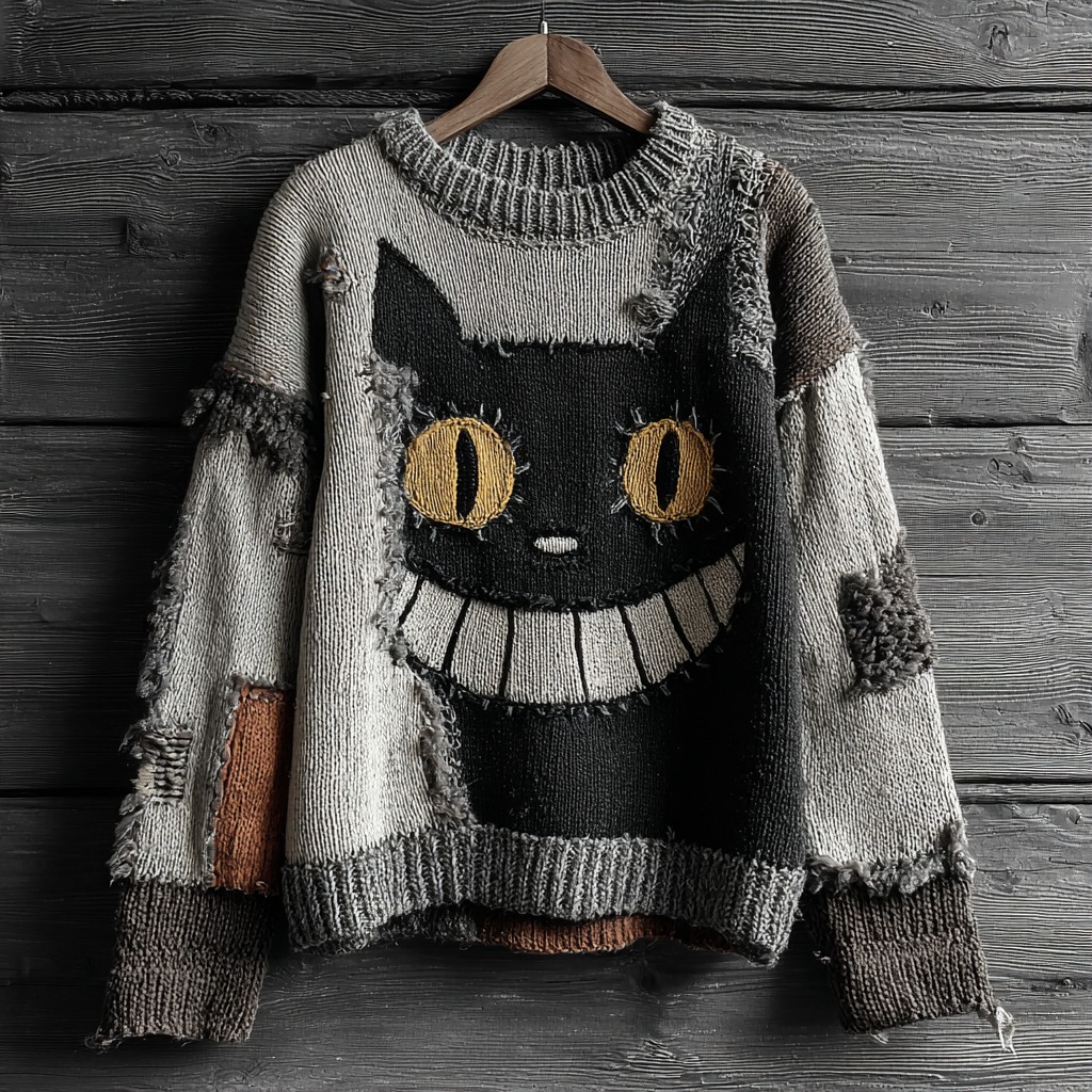 Unisex Halloween Black Cat Smile Face Contrast Stitched Cozy Knit Sweater elevenforest