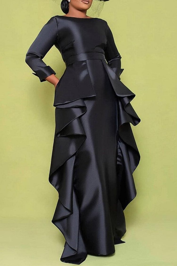 Xpluswear Plus Size Formal Little Black Ruffle Solid Color Maxi Dress
