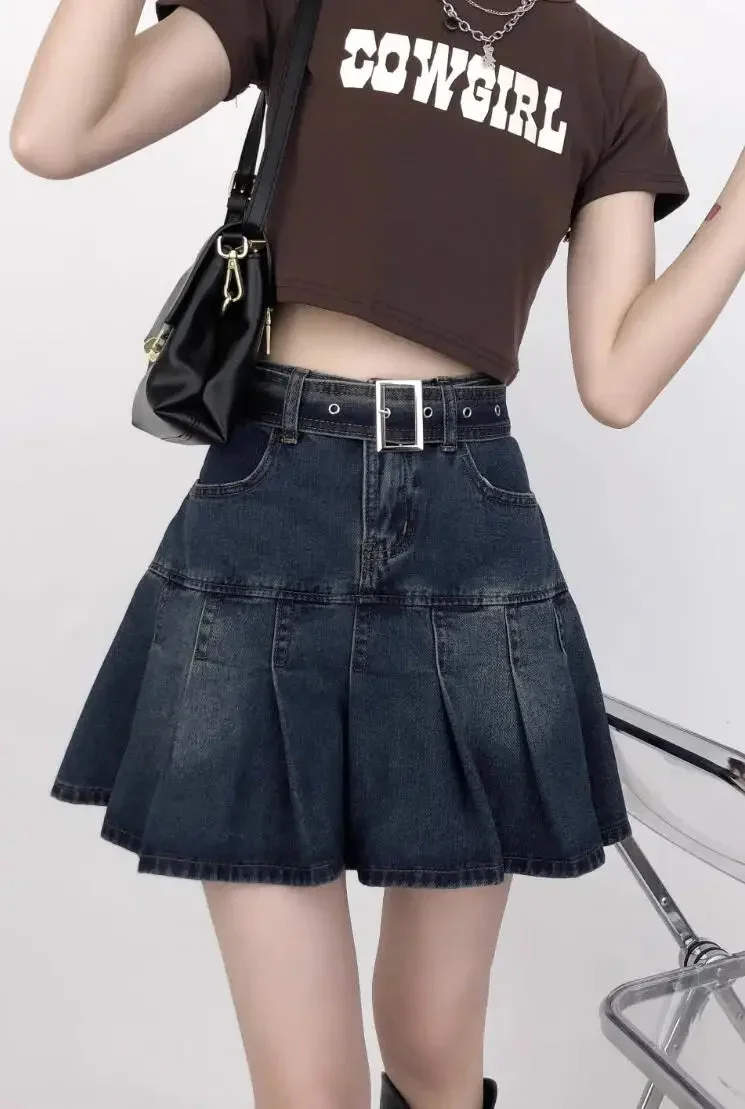 Nncharge Y2K Style Harajuku High Waist High Street Jeans Skirts 2024 Summer Women's Sexy Loose Fit Hotsweet Denim Pleated Skirt