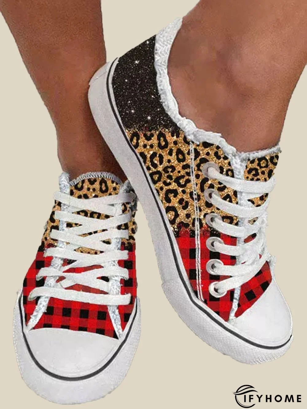 Christmas Leopard Check Panel Canvas Shoes | IFYHOME