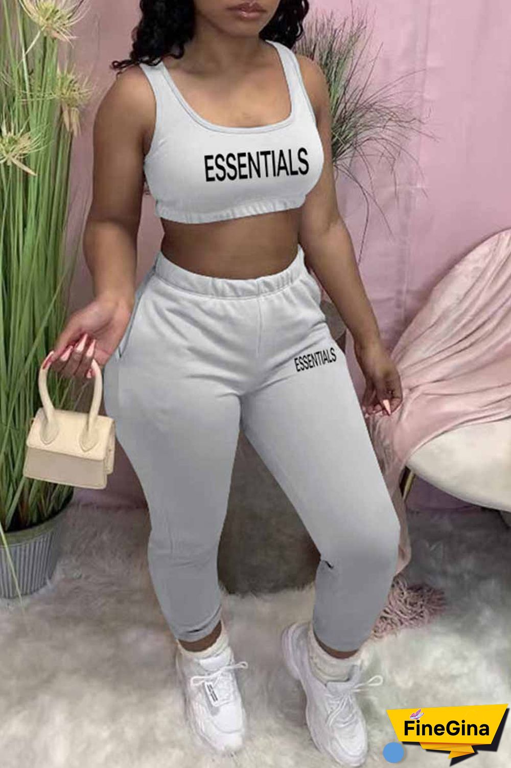 Black Casual Print Letter U Neck Sleeveless Two Pieces