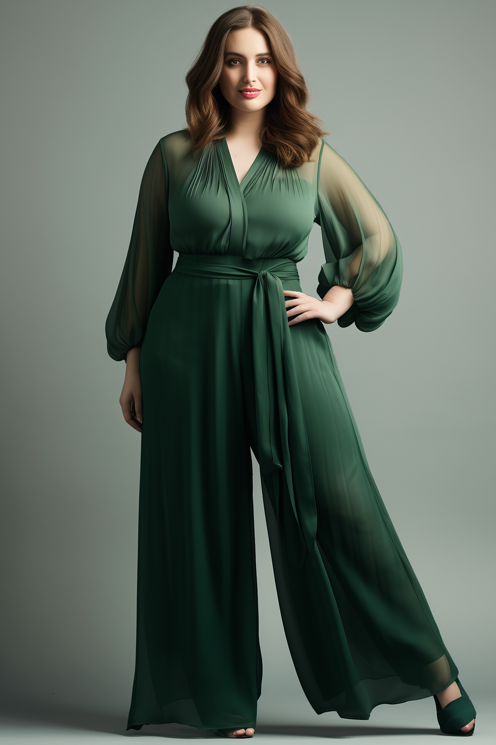 Flycurvy Plus Size Everyday Dark Green Organza Wrap Lantern Sleeve Jumpsuit