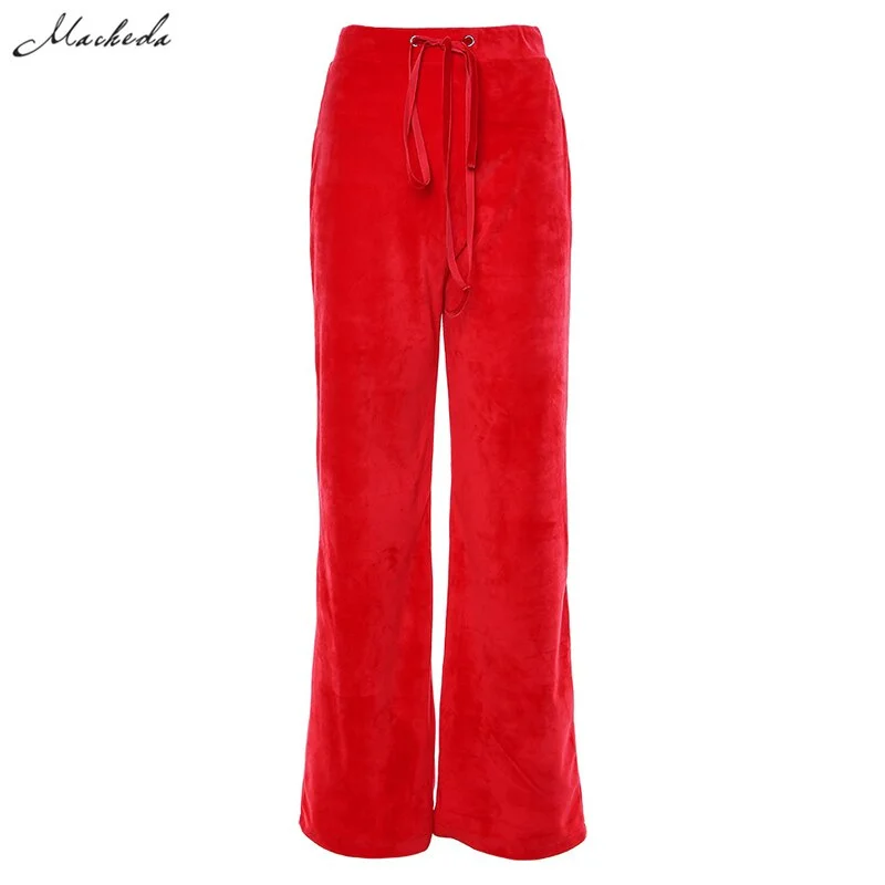 Macheda Women Casual Loose Flare Pants Red Mid Waist Elastic Trousers Lady Fashion Spring Autumn Streetwear Full Length 2019