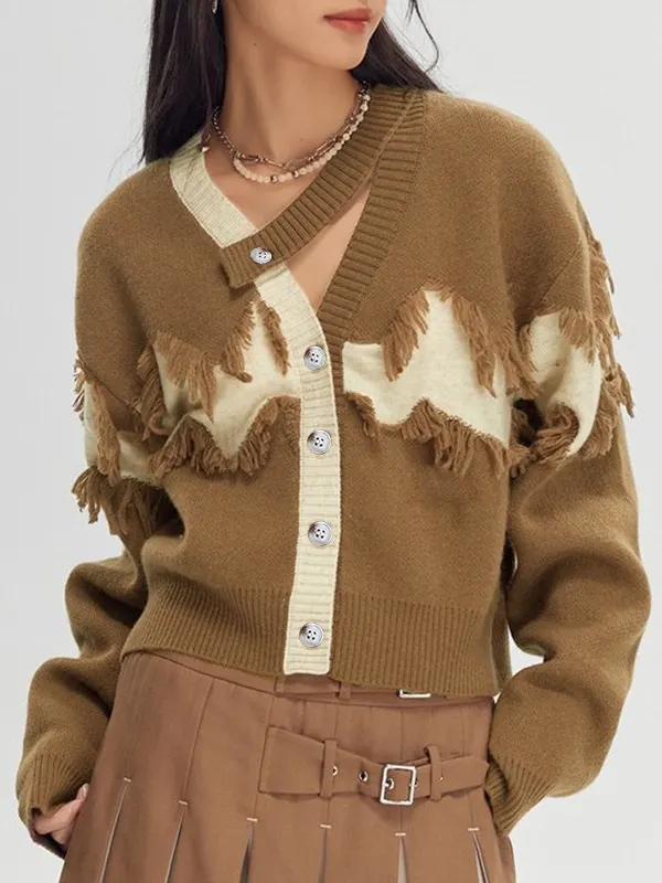 Color Block Tassel Splice Cardigan