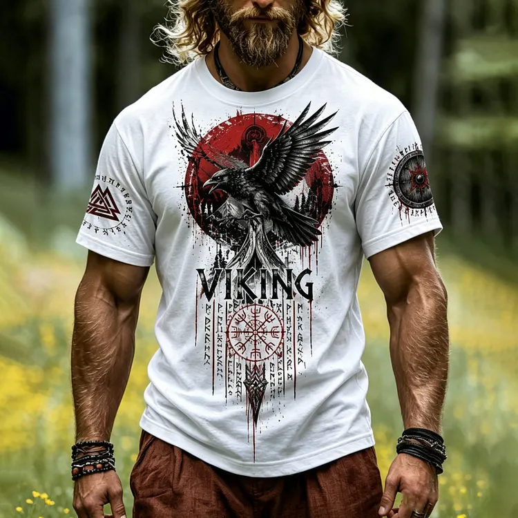 Men's Viking Raven Print Short-sleeve Crew Neck T-shirt