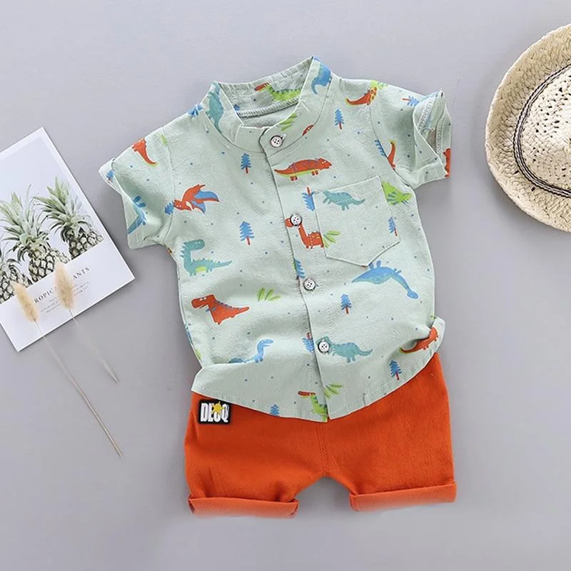 Cute Baby Boy Clothes Summer Set 2021 New Cartoon Dinosaur Print Short Sleeve Shirt + Pants for 1 2 3 4 Years Kid Toddler Outfit