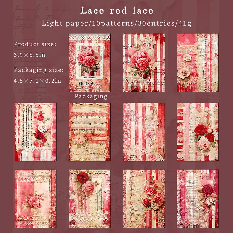 Journalsay 30 Sheets Plaid Lace Series Vintage Lace Flower Landscaping Material Paper