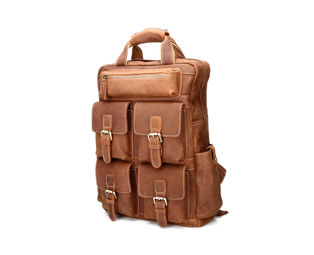 Front View of Woosir Crazy Horse Genuine Leather Backpack Multi Pockets