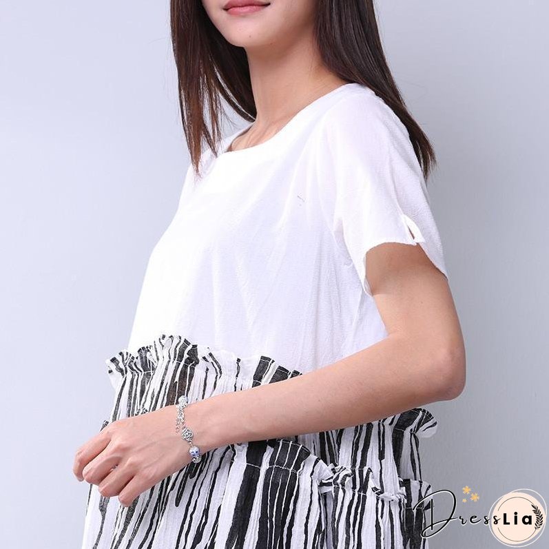 Summer Printing Women Folded Splicing White Dress