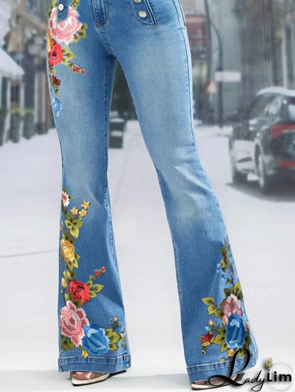 UR Daily Floral Embroidery Denim High Waist Button Design Jeans