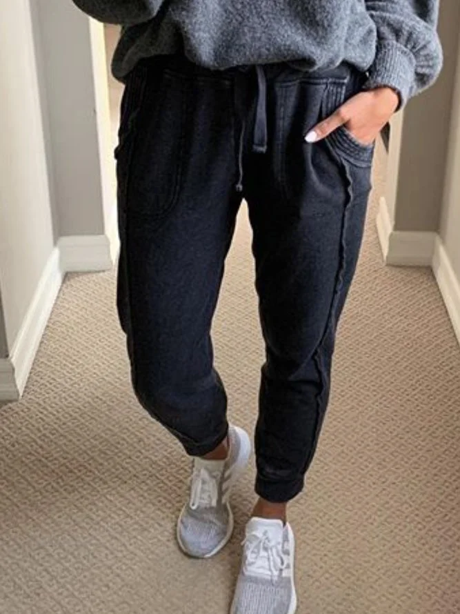 Solid Cotton-Blend Casual Pockets Pants