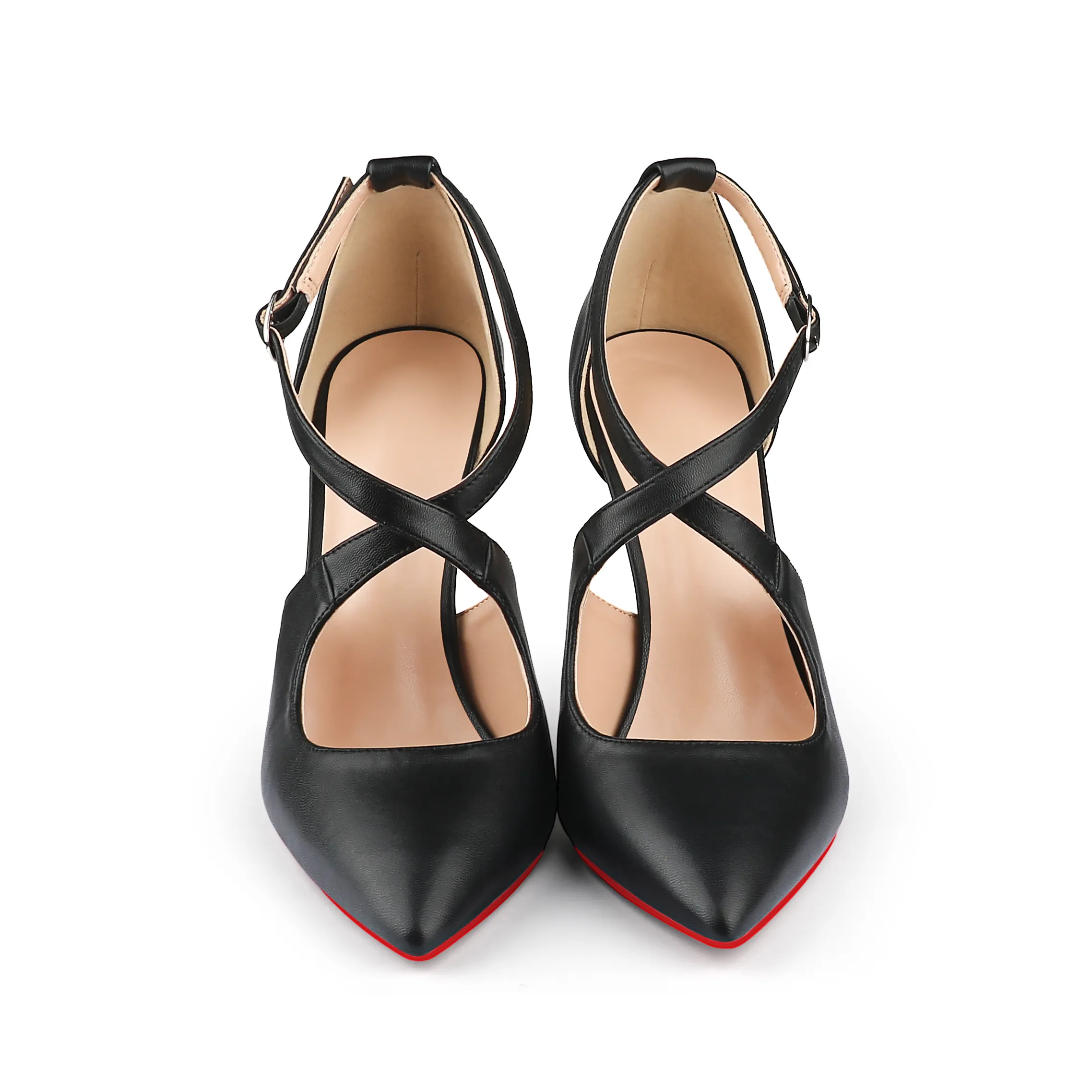 95mm Women's Pointed Toe Cross Strap Heels Red Bottoms Pumps Shoes Matte-vocosishoes