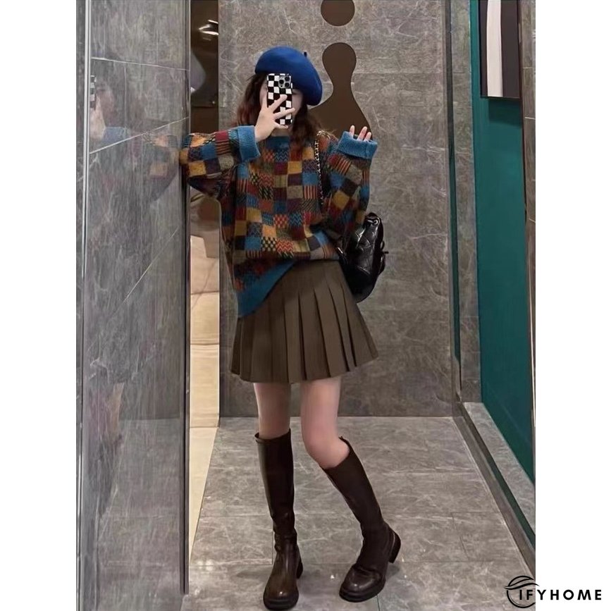 Women's Fashion Vintage Plaid Loose Retro Sweater | IFYHOME