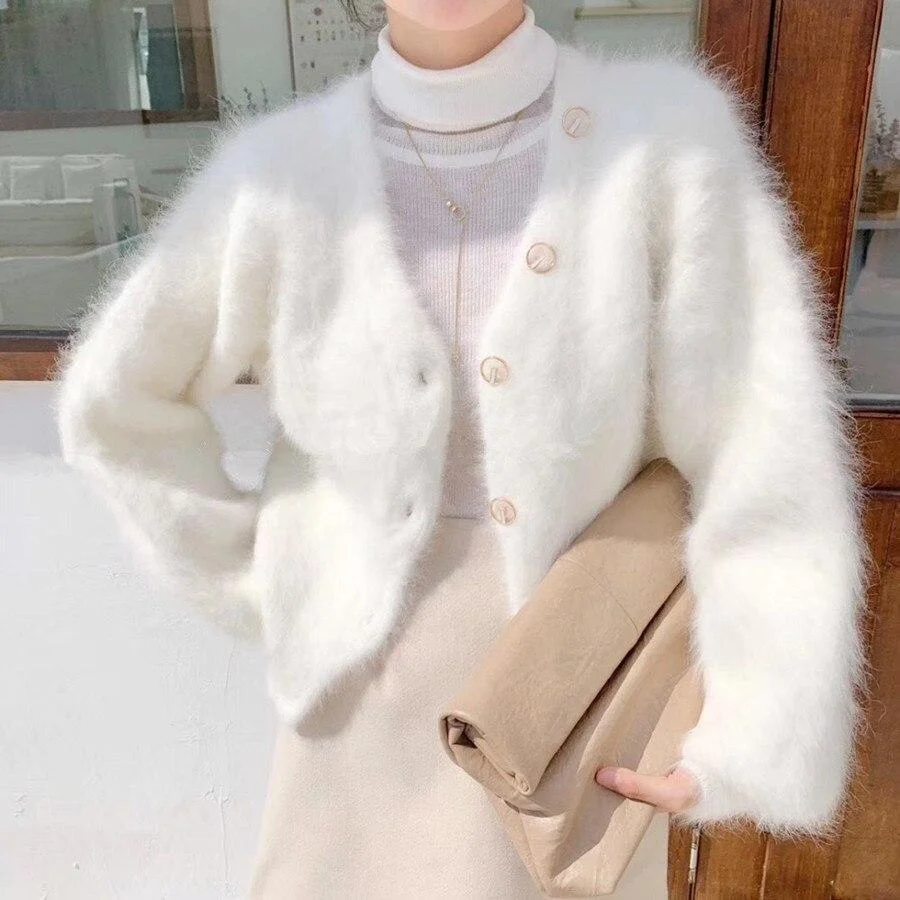 Women's Winter V-neck Long Sleeve Cardigan Knitted Sweater Sweet and Gentle Fashion Korean Furry Fluffy Sweater Puff Sleeve