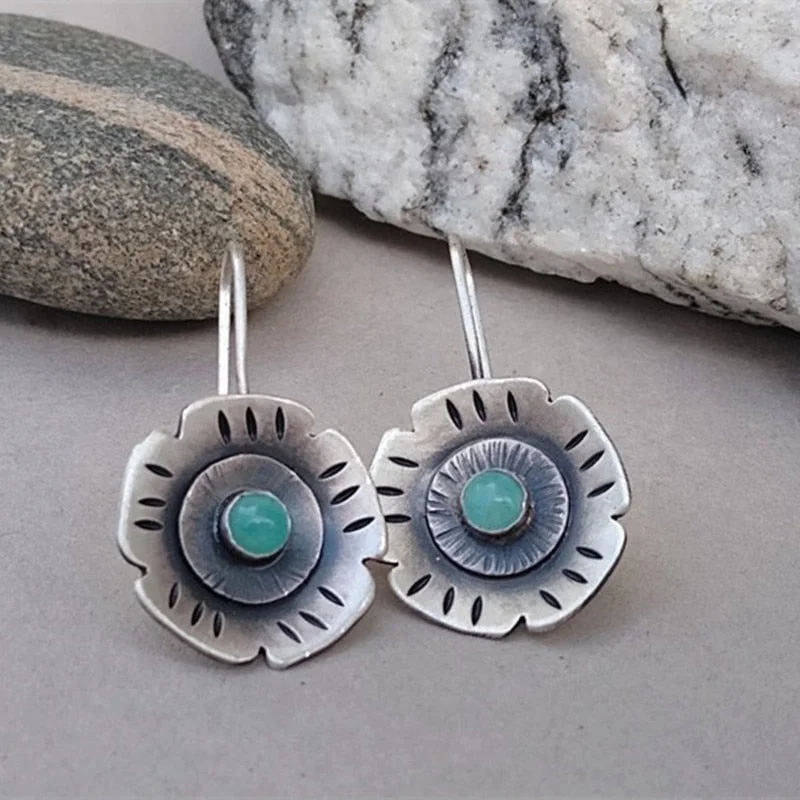 Ethnic Round Flower Earrings for Women Vintage Metal Silver Color Inlaid Green Stone Hook Dangle Earrings Party Jewelry