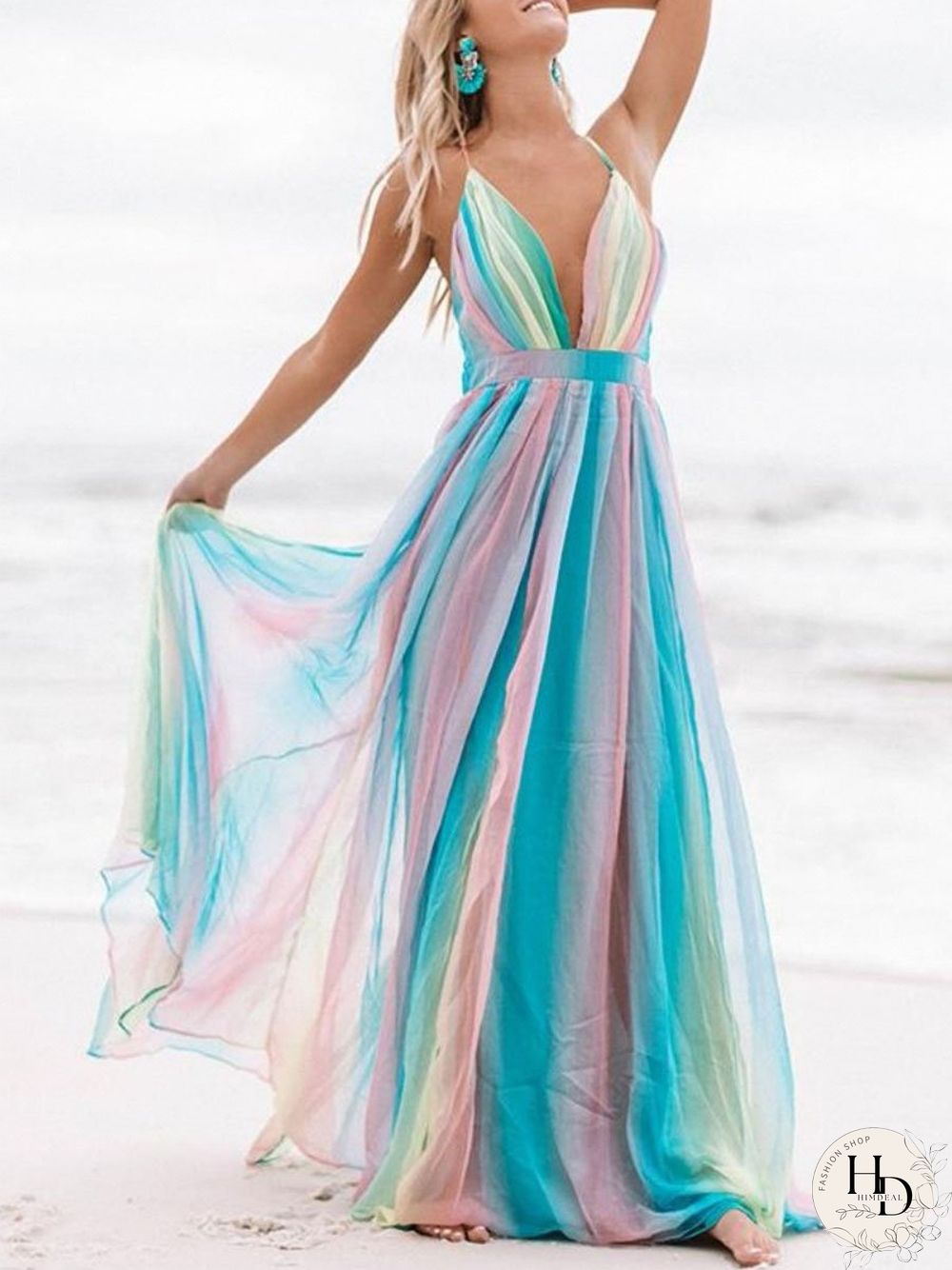 Pretty Colorful Chiffon Backless Maxi Dress P14136